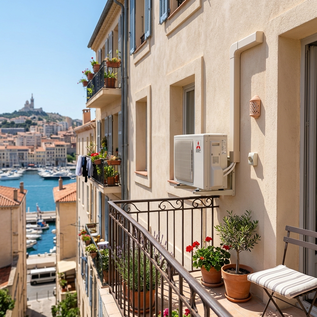 Unité extérieure de climatisation sur balcon à Marseille